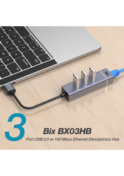 Bx03hb Usb 2.0 Hub 3 Port Ve Rj45 Ethernet Adaptör 10/100mbps Macbook Uyumlu Çoklayıcı 3 Adet Usb 2.0 Ve 1 Adet Ethernet
