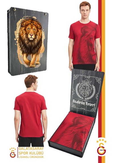 Galatasaray Lisanslı Aslan Baskılı T-shirt Gs Aslan Baskılı Ahşap Kutulu 105 Kırmızı