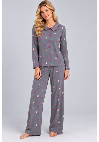 Pijamask Kadın Çiçek Desenli Bebe Yaka Düğmeli Uzun Kollu Müslin Pijama Takımı Antrasit Pijamask Kadın Çiçek Desenli Bebe Yaka Düğmeli Uzun Kollu Müslin Pijama Takımı Antrasit