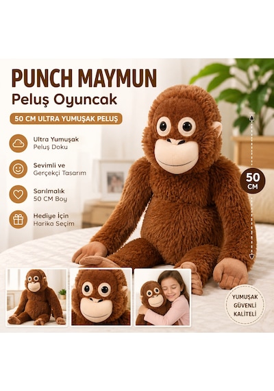 Sevimli Punch Maymun Peluş Oyuncak 50 Cm Ultra Yumuşak Büyük Boy Sarılmalık Kahverengi Peluş