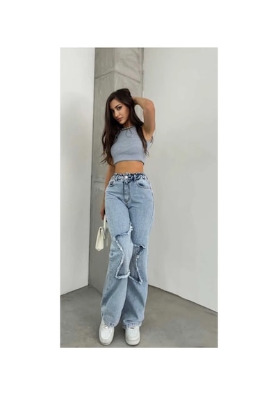 Kene Jeans Yüksek Bel Bacak Yıldızlı Bol Paça Jeans Taş