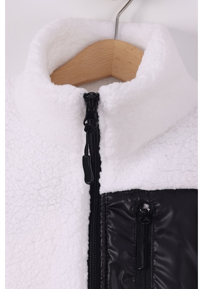 Monox Çocuk Lastik Manşetli Fermuarlı Unisex Kuzu Wellsoft Peluş Ceket Beyaz