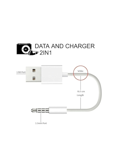 İpod Shuffle İle Uyumlu Usb Şarj Ve Veri Aktarım Kablosu, 3.5 Mm Jack - Usb A Senkronizasyon Kablosu, Şarj Data Bağlantı Kablosu Beyaz