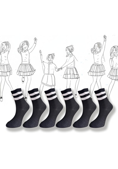 Silk Step 6'lı Paket , Siyah Zemin Üzerine Beyaz Çemberli Günlük Kolej - Tenis Çorabı Asorti̇
