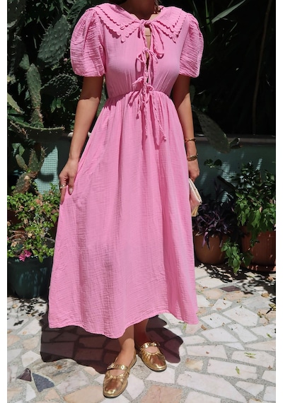 Olcay Bağcık Detaylı Beli Büzgülü Müslin Elbise Pembe 9362-e