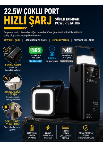 50000mah 22.5w Hızlı Şarj Powerbank Kamp Lambalı Led Işıklı Dahili Kablolu Usb Type-c Girişli siyah