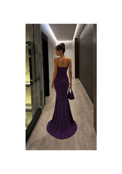DefyModa Kadın Günlük Tek Omuz Taş Detaylı Abiye Elbise Mor