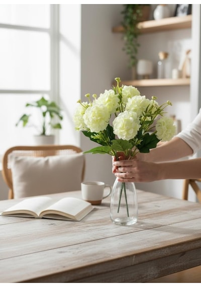 Yapay Çiçek Kartopu Krizantem Beyaz 5dallı 10toplu Demet 30cm Beyaz