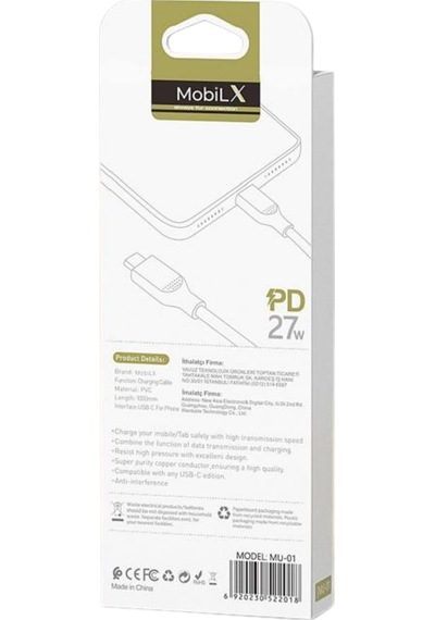Mobilx Mu-01 Type-c To Lightning Pd 27w Şarj Ve Data Kablosu 1m Apple Uyumlu iPhone