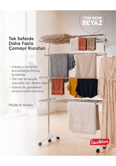 Home S4 Premium 4 Katlı Beyaz Çamaşırlık Made İn Korea Tam Katlanır Tekerlekli Çamaşır Kurutmalık