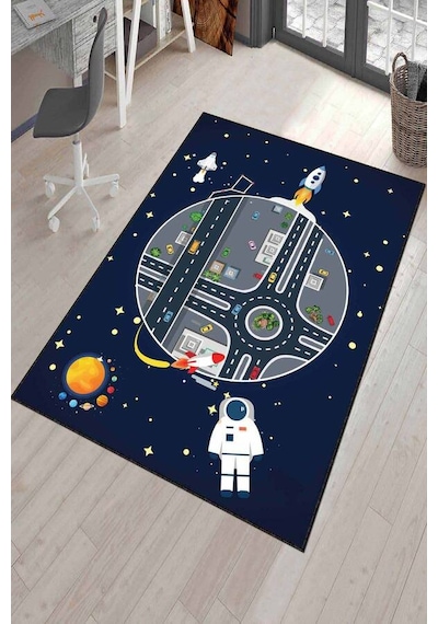Lacivert Kaymaz Tabanlı Uzay Astronotlu Çocuk Halısı Ar323n11