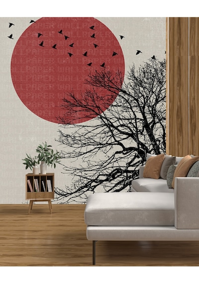 Kırmızı Güneş Önünde Kuşlar Poster Duvar Kağıdı Renkli