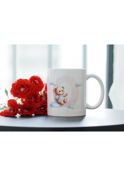 O Baş Harf Sevimli Ayıcık Detaylı Kupa Bardak, Tatlı Pembe Bardak Hediyesi - Teddy Figür Beyaz