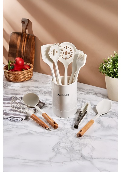 Aryıldız Dailytools 10 Parça Silikon Mutfak Seti Ahşap - Beyaz
