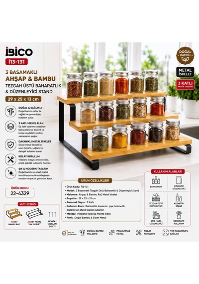İbico Tezgah Üstü Baharatlık Ahşap Ve Bambu 3 Basamaklı Düzenleyici