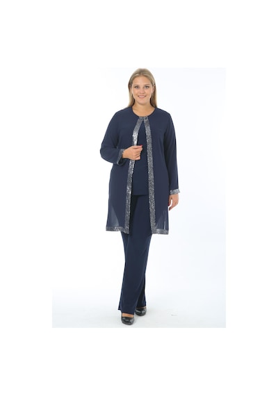 Ladies First Büyük Beden 3552 Lacivert Ceket+Bluz+Pantolon Üçlü Takım Gümüş - Lacivert