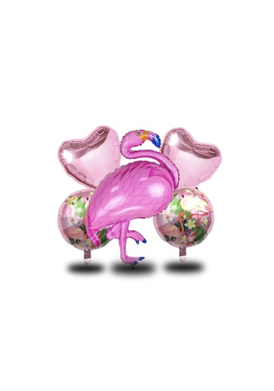 5 Li Flamingo Temalı Pembe Folyo Kalpli Set Doğum Günü Süsü Parti Süsü Çok Renkli