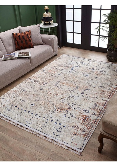Bej Mavi Turuncu Modern Vintage Halı - 5042ou Bej - Mavi