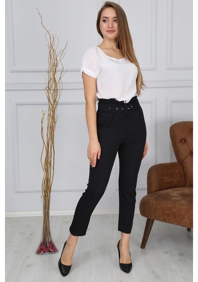 Bluence Beli Kemerli Siyah Dar Paça Kumaş Pantolon Siyah