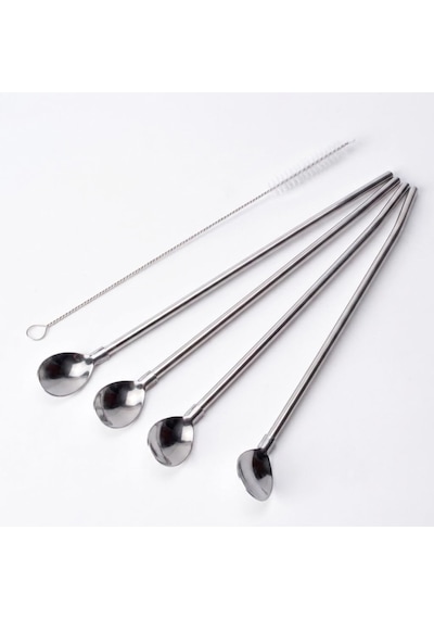 5 Parça Karıştırıcı Kaşıklı Paslanmaz Çelik Pipet Seti, 4 Adet Kaşıklı Metal Pipet Ve Temizleme Fırçası, Soğuk Kahve, Smoothie, Milkshake, Limonata, Kokteyl Ve İçecek Sunumu İçin
