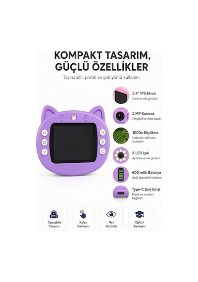 4berry Taşınabilir Fotoğraf Çekebilen Dijital Mikroskop 1000x 2.4 Ips Ekran, 2 Mp Kamera, 8 Led Işık, Type-c Şarjlı Mor