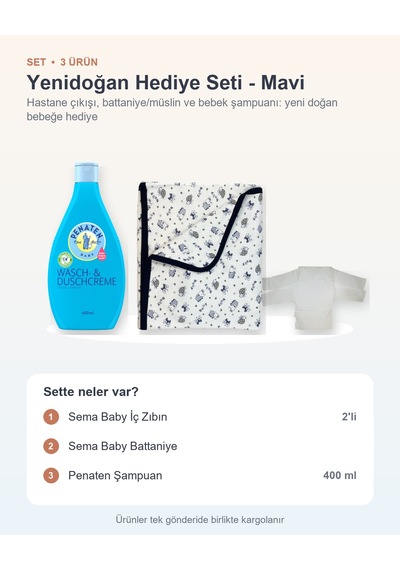 Yenidoğan Hediye Seti 3 Parça: Sema Baby İç Zıbın + Sema Baby Battaniye + Penaten Şampuan - Mavi
