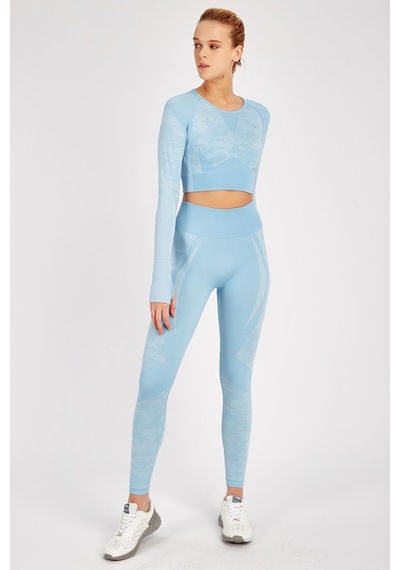 Maraton Active Slimfit Kadın Bisiklet Yaka Uzun Kol Fitness Mavi Crop Top 816013 Mavi