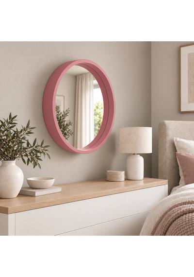 Dekoratif Duvar Aynası Yuvarlak Çerçeveli 60cm Pembe Şifonyer Ve Makyaj Masası Üstü