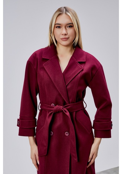 Bordo Kuşaklı Oversize Kaşe Kaban Bordo