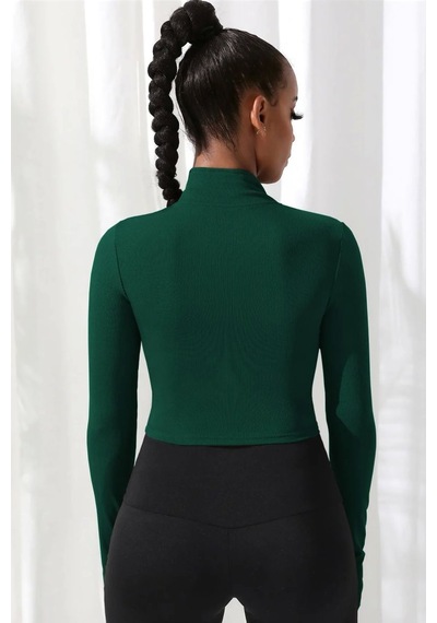 Najmaddin Beru Yeşil Dik Yaka Fermuarlı Uzun Kollu Parmak Geçmeli Crop Top Spor Bluz