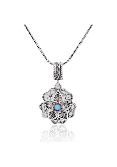 Firuze Taşlı Gül Model Oksitli 925 Ayar Gümüş Telkari Kadın Kolye 201025652