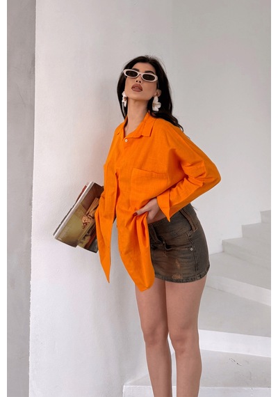 Paw Garage Kadın Harper Çift Cepli Oversize Keten Gömlek, 2025 Summer Collection Turuncu
