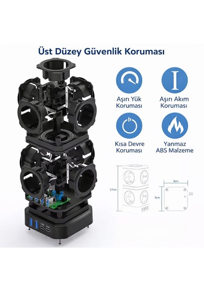 Kule Tipi Çoklu Priz 3680w 9 Lu Topraklı Priz + 2 Usb + 2 Type-c Masaüstü Dikey Akım Korumalı Priz 2 m