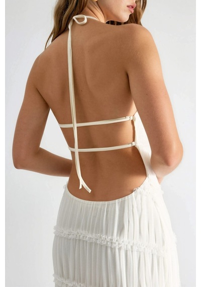 Hiccup Halter Yaka Dokulu Maxi Elbise Beyaz