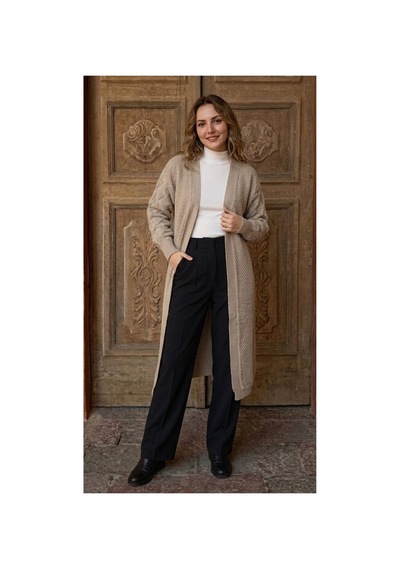 Onno Style Women Damla Kol Desen Kadın Triko Uzun Hırka Bej