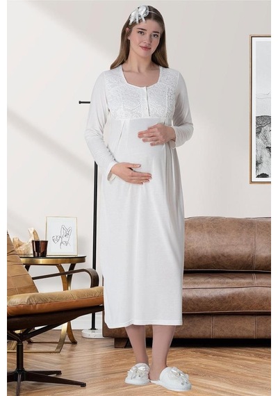 Mecit Pijama Mecit 6060 Bayan Ekru Sabahlık Gecelik Pijama Hamile Lohusa Set 001