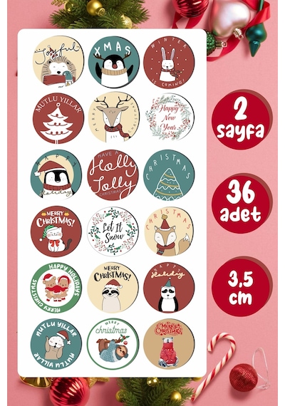 Mutlı Yıllar Sticker 3.5 CM 36 Adet - Suya Dayanıklı Yeni Yıl Yılbaşı Sticker