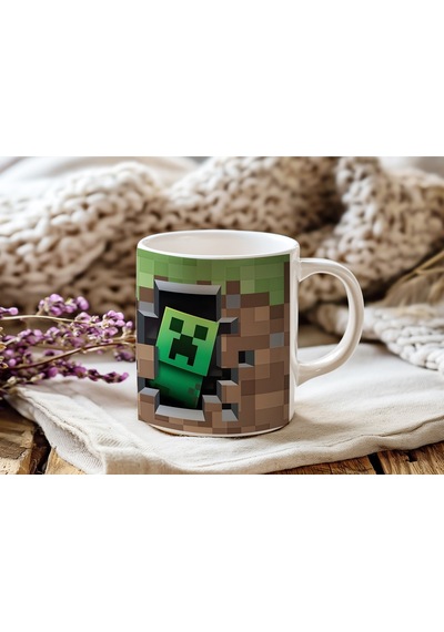 Minecraft Creeper Duvar Desenli Kupa Bardak - Üç Boyutlu Görünümlü Kabartmasız Tasarım Beyaz