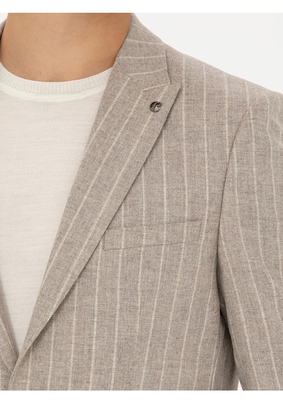 Cacharel Bej Slim Fit Yün Kaşmir Karışımlı Çizgili Klasik Ceket