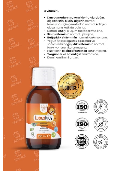 Labex Kids Çinko Kekik Beta Glukan Karamürver Çocuk Multivitamin Şurup 150 ML