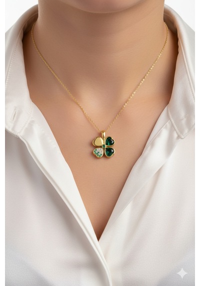 Çekirdekjewelry Zümrüt Işıltılı Dört Yaprak Yonca 925 Ayar Gümüş Kolye Sarı