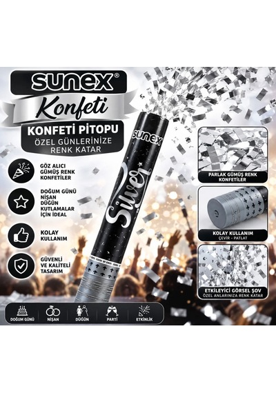 Sunex Konfeti Püskürtücü Gümüş Konfeti Patlatma Çubuğu Doğum Günü, Düğün, Nişan & Parti Diğer