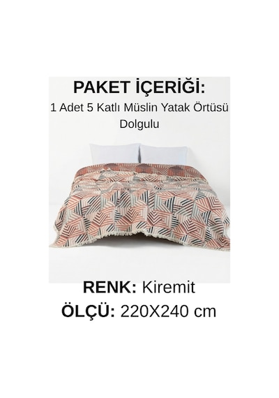 Terra Mosaic 5 Kat Dolgulu Müslin Çift Kişilik Yatak Örtüsü %100 Pamuk Çift Taraflı Jakar Geometrik Desen 220x240 Cm Kiremit