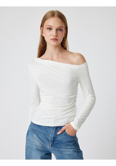 Koton Uzun Kollu Tişört Asimetrik Yaka Drapeli Viskon Slim Fit Ekru 5wal10144ık Ekru