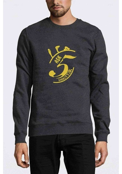 Aşk 5 Vakittir Baskılı Füme Erkek Örme Sweatshirt