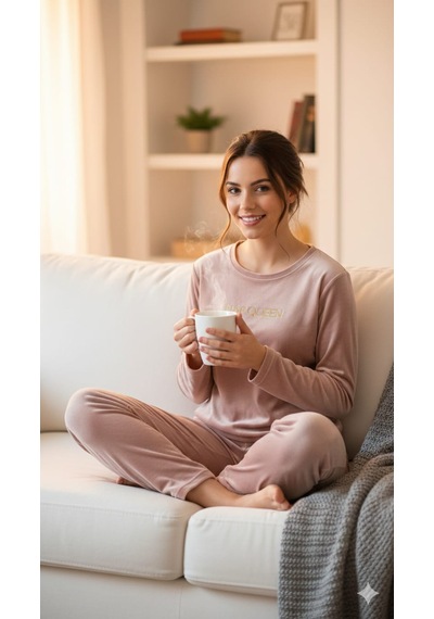Mihra Kadife Pijama Takımı Açık Pudra