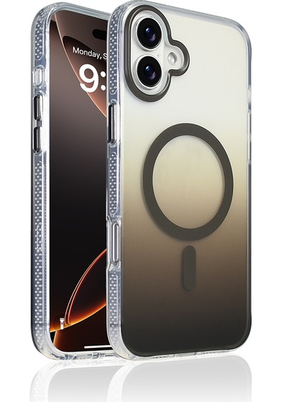 Techaks Apple Uyumlu iPhone 16 Plus Kılıf M-safe Şarj Özellikli Transparan Renk Geçişli Tchs Toros Kapak - Gri Gri