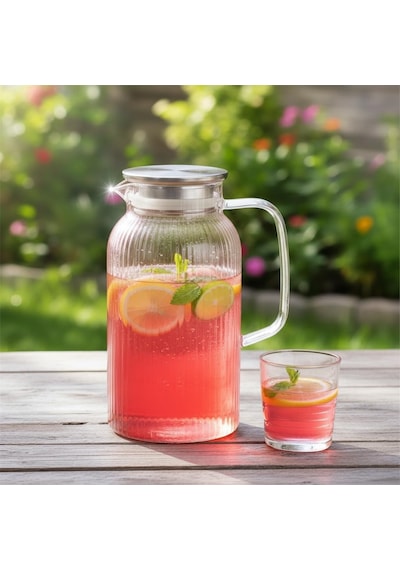 Silikon Fitilli Borosilikat Cam Sürahi 2000 Ml - Metal Kapaklı, Isıya Dayanıklı, Süzgeçli Şef