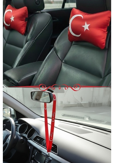 Türk Bayraklı Dijital Baskılı Araç Seyahat Boyun Yastığı 2’li Set & Türk Bayraklı Oto Ayna Askısı