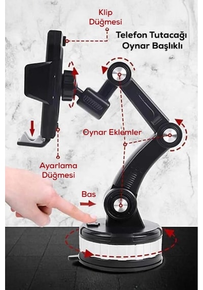 Araç İçi Telefon Tutucu Teleskopik 360 Derece Dönebilen Vantuzlu Yapışkanlı Telefon Tutucu Standlı Tutucu